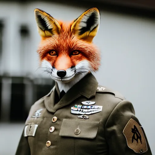 Image similar to a Fox dressed in a modern American general uniform, 85mm f/1.4