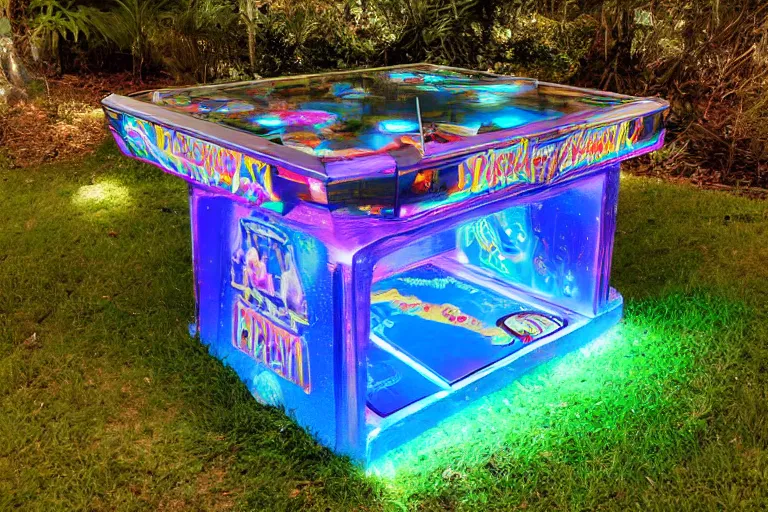 Image similar to hologram al fresco pinball table in the garden ruins, fantasy street urchins gathered round