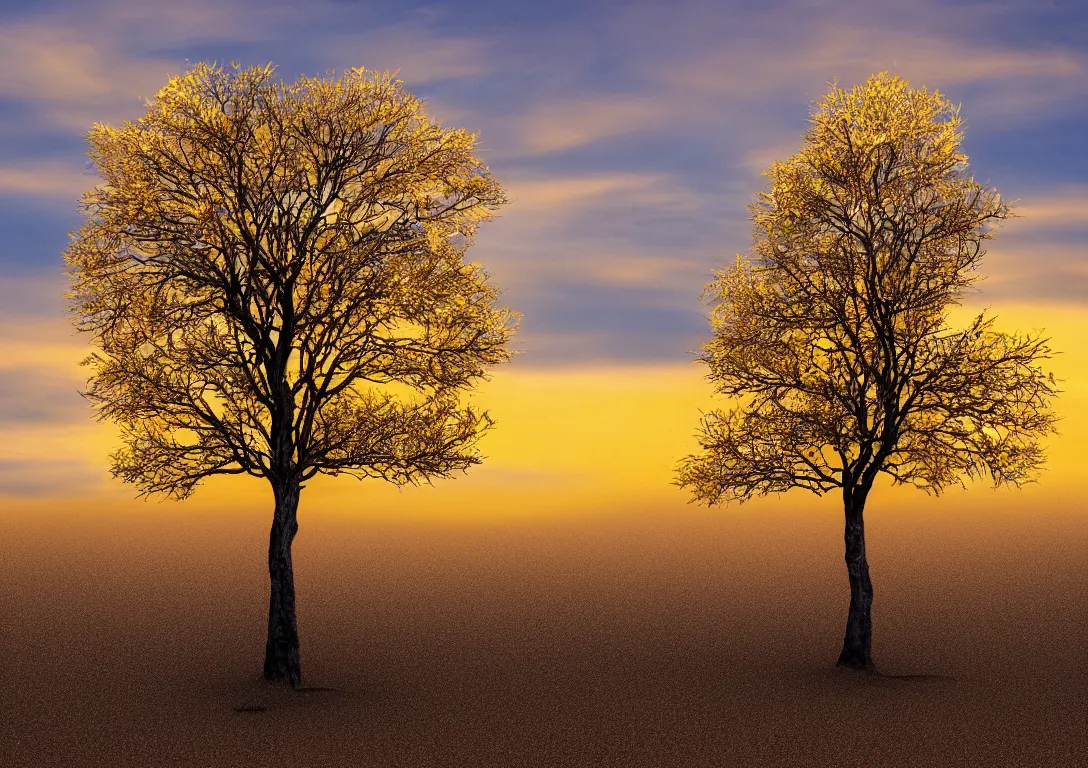 Prompt: a lonely golden tree in a dark desert, sand, gold, bright light, detailed photography, dennis velleneuve, vivid colors, ultra realistic, 8 k, photography