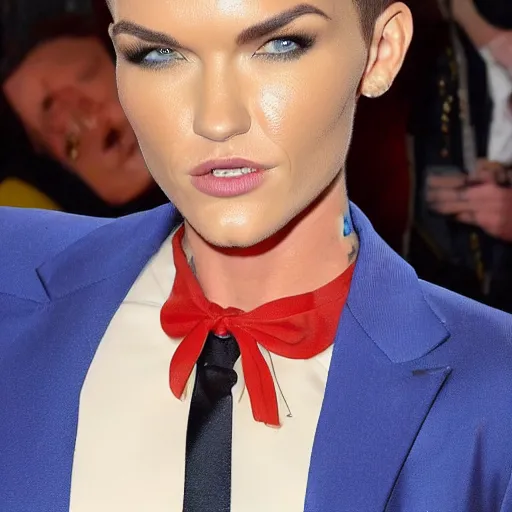 Image similar to Ruby Rose with a dark tan and spiky red hair and wearing gold contact lenses wearing a blue suit with a yellow tie