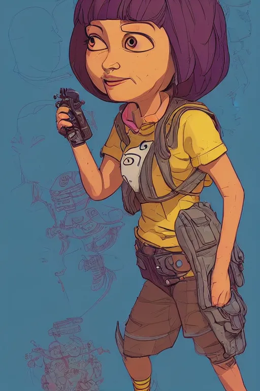 Image similar to a study of cell shaded portrait of Dora the Explorer as a Borderlands 3 character, llustration, post grunge, concept art by josan gonzales and wlop, by james jean, Victo ngai, David Rubín, Mike Mignola, Laurie Greasley, highly detailed, sharp focus, alien, Trending on Artstation, HQ, deviantart, art by artgem