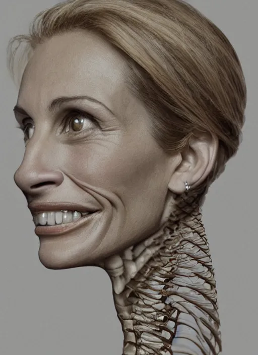 Image similar to a julia roberts face in profile made of honey skeleton in the style of the dutch masters and gregory crewdson dark and moody