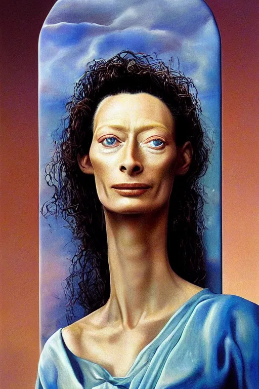 Prompt: photorealistic painting of tilda swinton as assumpta corpuscularia lapislazulina by salvador dali, hyperdetailed, centered, symmetric, masterpiece, surrealism