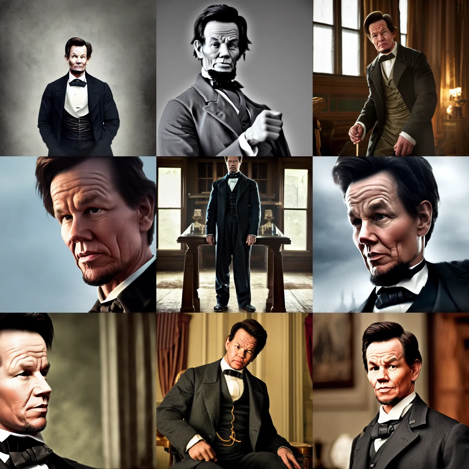 Prompt: mark wahlberg is abraham lincoln, 2 0 1 4 movie still, promotional image, cinematic, iq 4, f / 1. 4, iso 2 0 0, 1 / 1 6 0 s, 8 k, sense of depth, in - frame