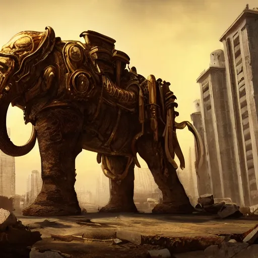 Image similar to golden mammoth in a ruined city, stylized, artstation, hd, cgsociety, cgi, realistic, dramatic, cinematic, artistic, trending, detailed