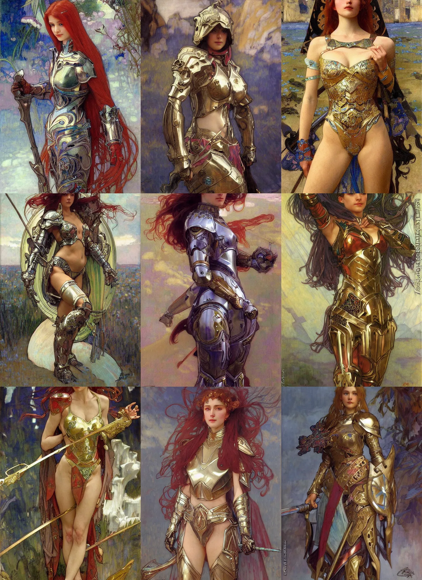 Prompt: bikini armor female knight, elegant, vibrant, fantasy, smooth, painted by edgar maxence, alphonse mucha, artgerm