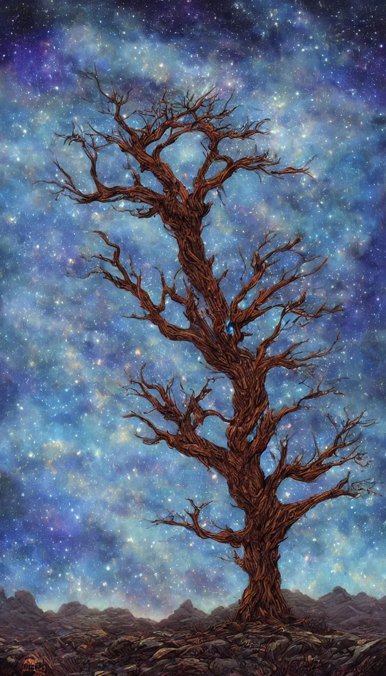 Prompt: beautiful dry tree is glowing in the dark night, stars are glowing in sky, highly detailed, fantasy art by greg rutsowski, trending on artstation, masterpiece