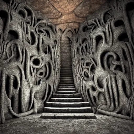 Prompt: the mines of moria. dwarven architecture carved out of the interior of a mountain. light from rivers of molten iron. immense open cavern with many levels of walkways spanning the void, stairs. drums in the deep. kingdom of dwarves. statues, geometric knot carvings, squared basalt support columns, photorealistic, 8 k, octane render