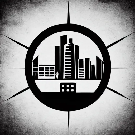 Image similar to a perfect circle where the inside is empty blank space and around the outer edge of the circle is the silhouette of a city skyline, black and white, minimalist, in the style of a line drawing