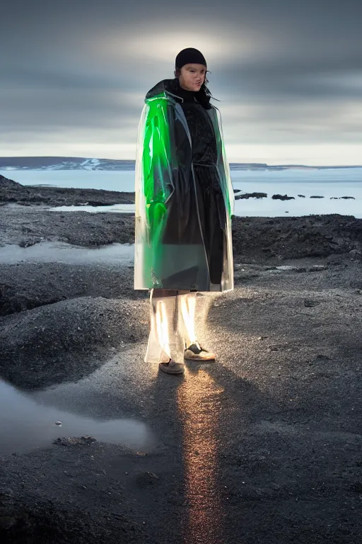 Image similar to an ultra high definition professional high fashion portrait studio full length photograph of a model wearing a transparent pearlescent raincoat and neon visor in an icelandic black rock environment at dawn. no artefacts. extremely detailed. stark. refraction. shallow depth of field. volumetric light and shadow. ray tracing. light rays.