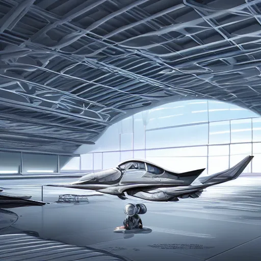 Image similar to highly advanced aircraft hangar from cinematic perspective, by feng zhu, highly detailed, sharp, concept art