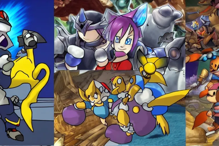 Prompt: a fusion of the following games ; dark cloud 2, pokemon legends : arceus, bomberman 6 4, clayfighter