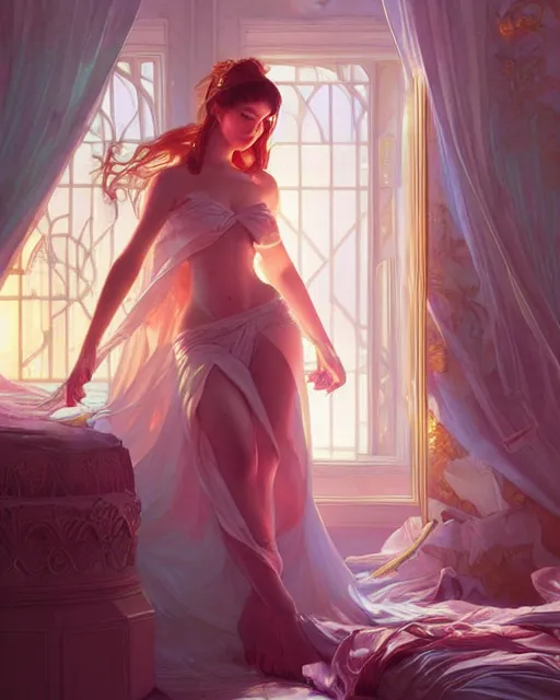 Image similar to princess, posing, vaporwave, bedroom, highly detailed, digital painting, artstation, concept art, smooth, sharp focus, illustration, art by artgerm and greg rutkowski and alphonse mucha