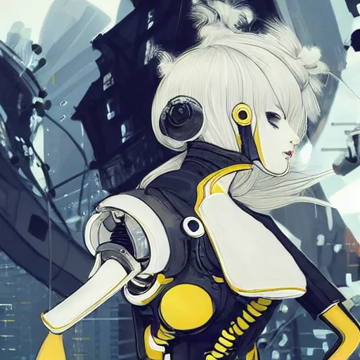 Image similar to luxury advertisement, white and yellow colors. highly detailed post-cyberpunk sci-fi close-up schoolirl in asian city in style of cytus and deemo, mysterious vibes, by Ilya Kuvshinov, by Greg Tocchini, nier:automata, set in half-life 2, beautiful with eerie vibes, very inspirational, very stylish, surrealistic, perfect digital art, mystical journey in strange world, bastion game