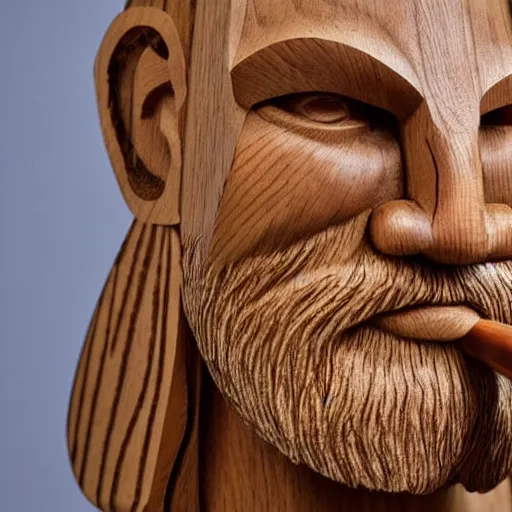 Image similar to wooden sculpture of a bearded viking wearing a vr headset, polished maple, thoughtful, elegant, real