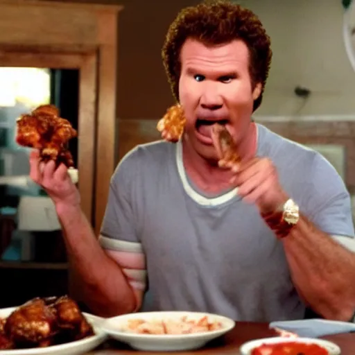 Prompt: scene from a movie that looks like a drama but it's a laugh hard comedy, will ferrell becoming addicted to spicy chicken wings, shot by darren aronofsky, 4 k