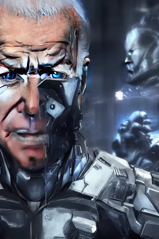 Image similar to joe biden in metal gear rising revengeance, metal gear rising, metal gear, joe biden, octane render, 8 k, realistic face, realistically proportioned head, realistically proportioned face