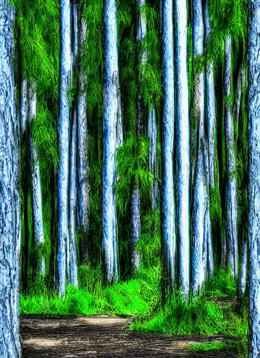 Image similar to blue wispy forest, tall trees, pipes, moss, digital art