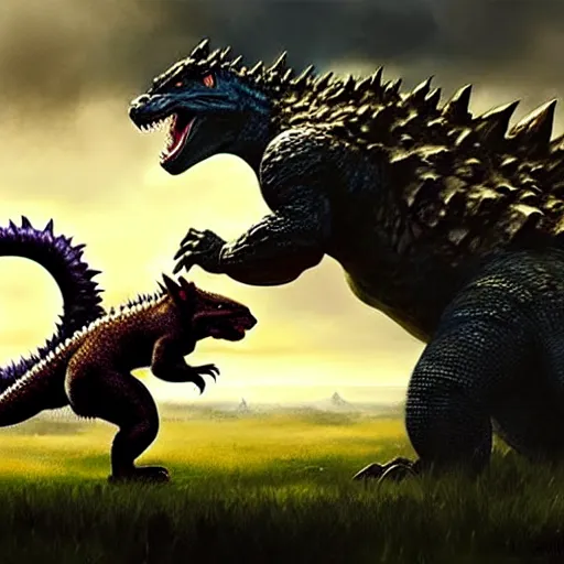 Prompt: godzilla fighting a giant muscular squirrel and a giant gay lizard in a field, 4 k, detailed, smooth lighting, art by greg rutkowski, intense lighting
