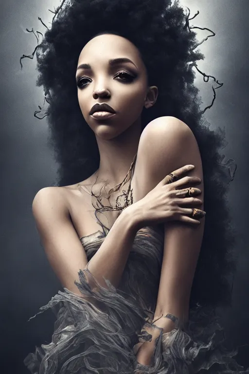 Image similar to a photorealistic portrait of tinashe as mysterious dark goddess of death, realism, clouds, swirling fabric, elaborate ornate growth, gilded relief, trending on artstation, by alessio albi