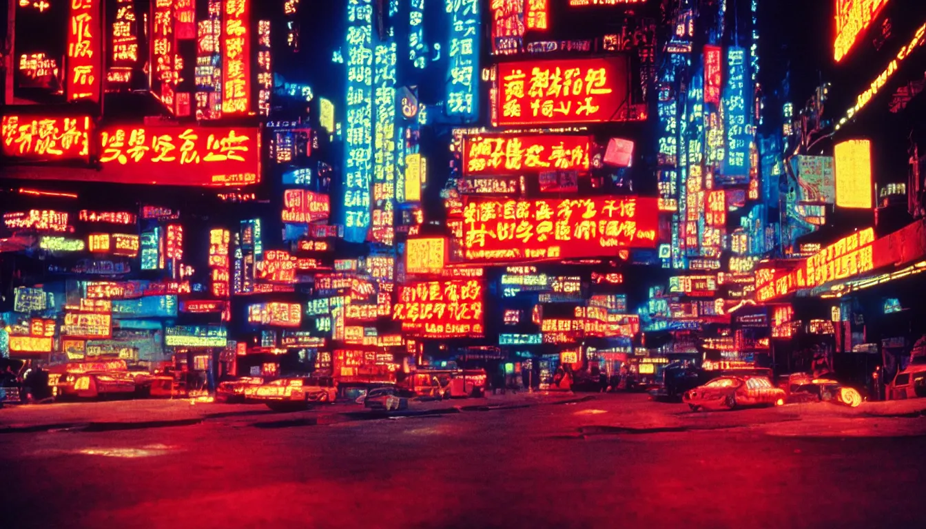 Image similar to 80s asian neon movie still, medium format color photography, movie directed by Kar-Wai Wong, hyperrealistic, photorealistic, high definition, highly detailed, tehnicolor, anamorphic 50mm lens