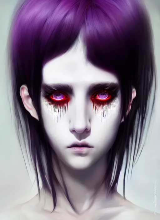 Prompt: whitebangs, black hair, black cyberlox, portrait of normal teenage girl, normal face, white bangs, fluffy bangs, cyberlox, whitebangs, red contact lenses, purple background, intricate, elegant, highly detailed, digital painting, artstation, concept art, sharp focus, smooth, illustration, art by wlop, mars ravelo and greg rutkowski