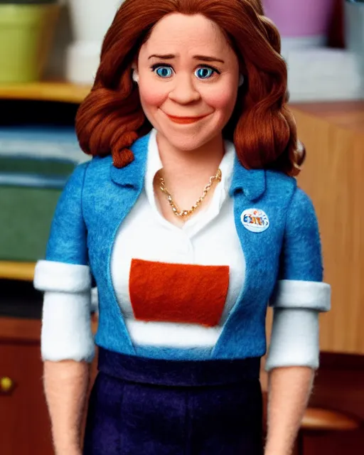 Image similar to pam beesley as a muppet. highly detailed felt. hyper real photo. 4 k.