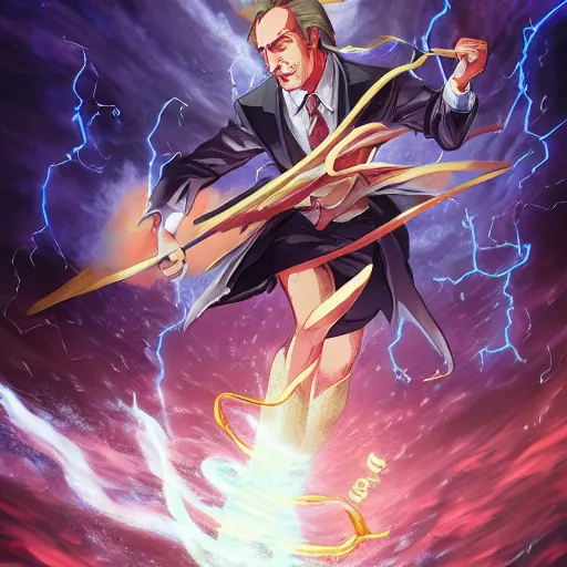 Image similar to portrait of saul goodman wielding the element of storm magecraft, wind, anime fantasy illustration by tomoyuki yamasaki, kyoto studio, madhouse, ufotable, trending on artstation