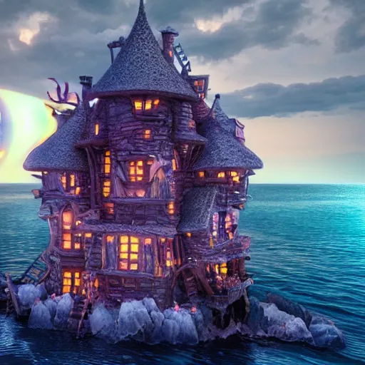 Prompt: a witches house made out of candy, on the ocean, epic scene, fantasy, redshift render, cgi, hyper - detailed, photo - bash, 8 k post - production, masterpiece