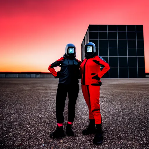 Image similar to photographic portrait of 2 techwear women in front of a brutalist metal building, on a desolate plain, red sky, sigma 8 5 mm f / 1. 4, 4 k, depth of field, high resolution, 4 k, 8 k, hd, full color