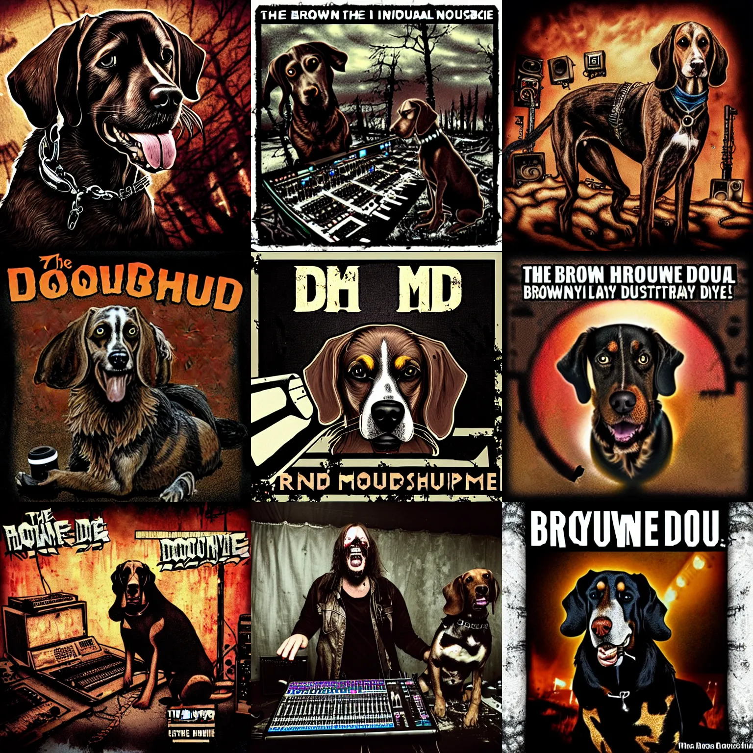 Prompt: the brown hound dog mad mutt mixing industrial music in an apocalypsecore setting