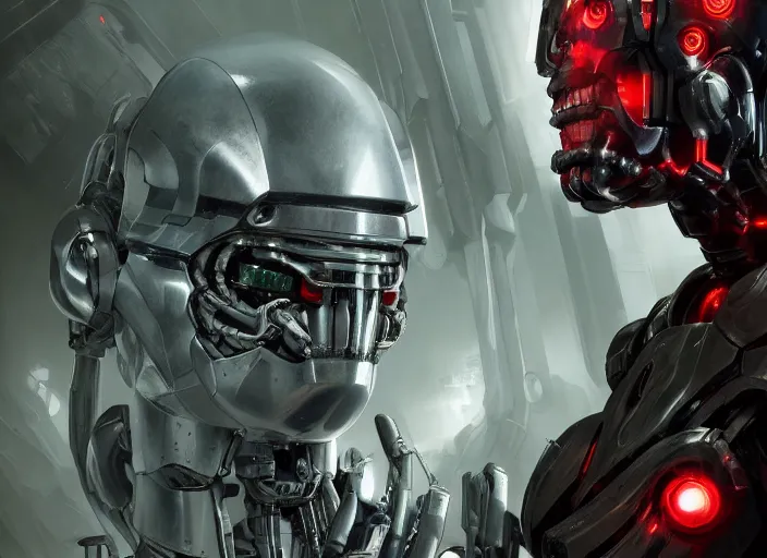 Image similar to cyborg, borg, android, strogg, face of a man, body of a robot, droid, robocop, cable, victor stone, ultron, terminator, machine, flesh, quake, doom demon, wolfenstein, monster, octane render, from an anime movie, symmetry, symmetrical, concept art by ruan jia and greg rutkowski