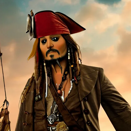 Image similar to donald trump cast as captain jack sparrow, still from pirates of the caribbean movie, hyperrealistic, 8 k, octane render,