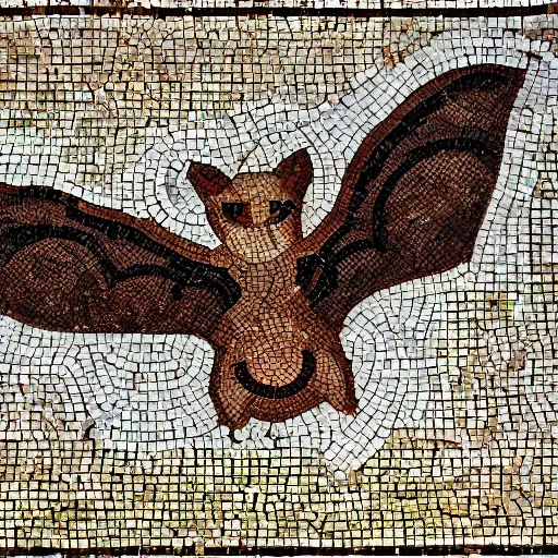 Image similar to medium shot Mosaic depicting a cute realistic pet bat looking left, from Italica, AD 176-275. Archaeological Museum, Seville. Byzantine mosaics, highly detailed, HQ, HD, beautiful, National Geographic,