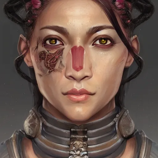 Image similar to beautiful, very strong, mixed race, female, middle aged, face, no makeup, warrior, head shot, fantasy, highly detailed, digital painting, artstation, concept art, smooth, sharp focus, illustration, art by jodie muir and brom