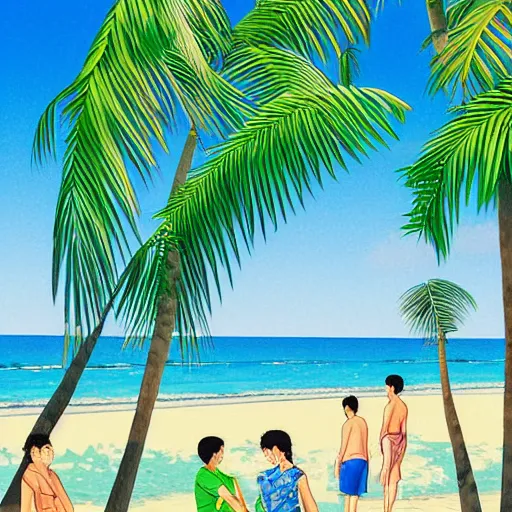 Image similar to a beautiful painting of a sunny day at a large beach filled with lush plants and palm trees by hiroshi nagai and hirohiko araki, detailed line art, vaporwave color scheme