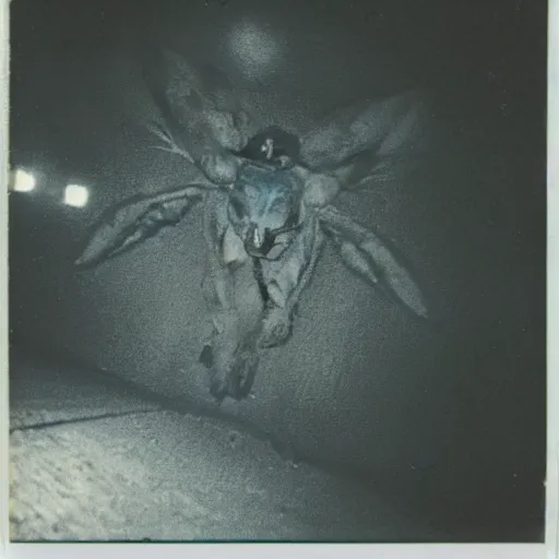 Prompt: real Polaroid picture of mothman with glowing eyes, realistic, picture taken in 1980, dark, scary atmosphere