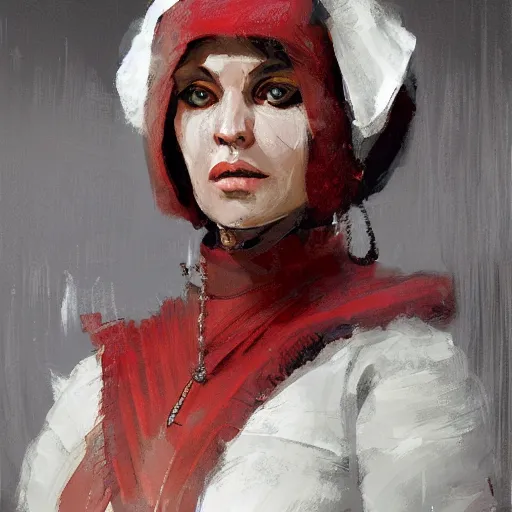 Prompt: a medieval noblewoman from brazil, quiet disdain, crimson and white color scheme, fantasy character portrait by craig mullins