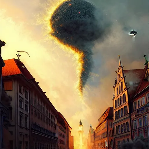 Image similar to , city of munich!!!, huge bright comet falling from the skies with smoke trail!!!, people in panic!!, hyperrealistic, highly detailed, cinematic, daylight, beautiful, cgssociety, artstation, 8 k, oil painting by greg rutkowski, by artgerm, by wlop