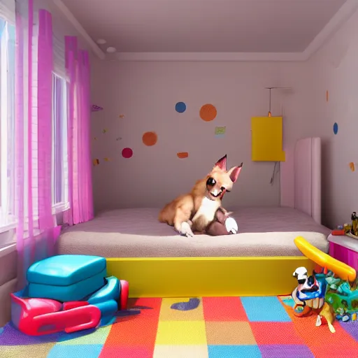 Image similar to eye - level view, in a child's bedroom filled with toys there is a bed under a window with a colorful bedspread. a super cute gsd puppy runs and jumps on the bed and plays with its toys. hilarious, funny, back to school comedy, cg animation, 3 d octane render, imax 7 0 mm,