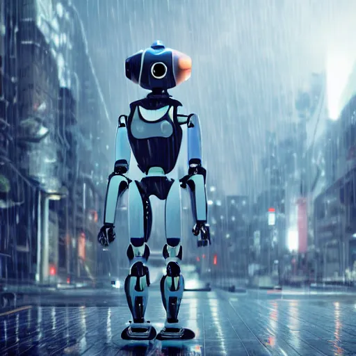 Prompt: a photo of a robot in a futuristic city its raining, vaporware style