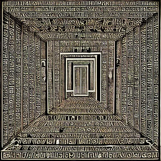 Image similar to interior of a black evil egyptian hieroglyphic labyrinth, hidden eyes everywhere, highly detailed and intricate