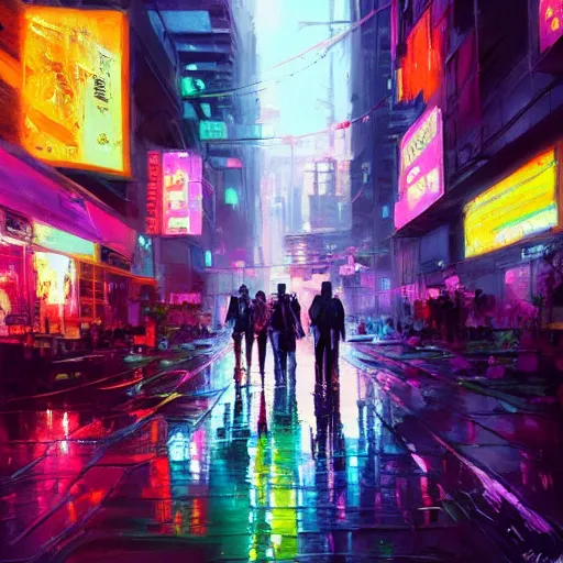 Prompt: acrylic painting, impressionism and expressionism, strong emotional impact, bold pastel colors, expressive brushstrokes, overall sense of movement in the composition. a cyberpunk streetscape lined with beautiful flowers, by liam wong and tyler edlin, trending on artstation