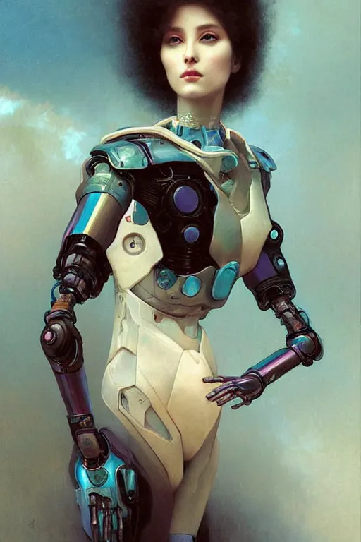 Image similar to portrait of raven, perfect future, iridescent color palette, by wlop and karol bak and bouguereau, 1 9 7 0 s retro future robot android. muted colors