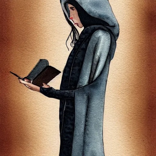 Image similar to full body detailed watercolor illustration of alien anya taylor - joy mixed with jennifer connelly, reading a book, unsettling, hooded long black feathered cloak, uncanny valley, with black feathers instead of hair, gothic, guillermo del toro, gray mottled skin, pale and sickly, profile view, - - ar 9 : 1 6