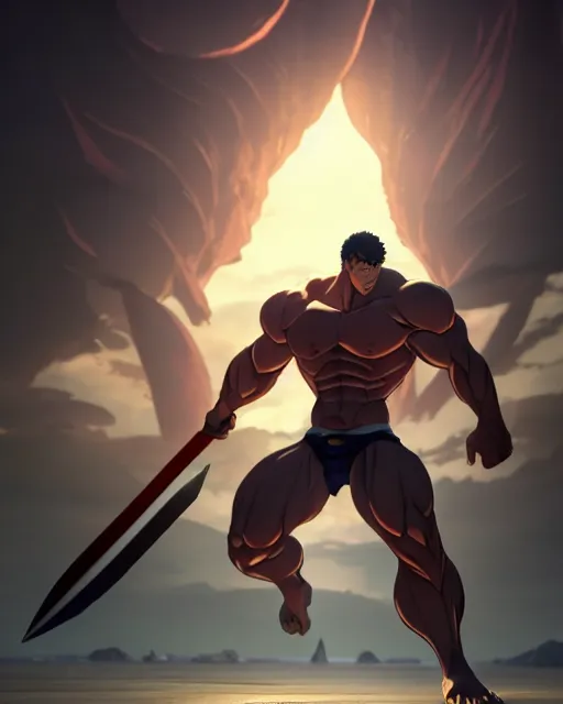 Image similar to strong muscular warrior with a greatsword, dramatic pose, square masculine facial features, short messy hair, intimidating appearance, 3 d octane render, unreal engine 5, ultra high detail, cel shaded, trending on pixiv fanbox, by greg rutkowski makoto shinkai takashi takeuchi studio ghibli, akihiko yoshida