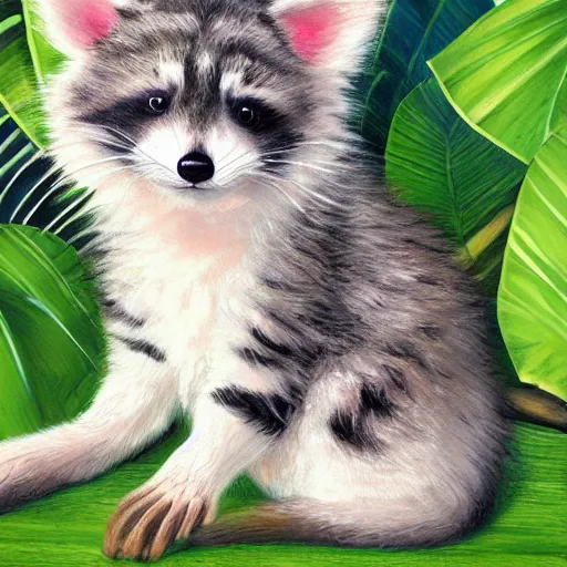 Image similar to cute fluffy hybrid animal cross between kitten, raccoon, and lop eared bunny rabbit sitting on a tropical beach landscape detailed painting 4 k