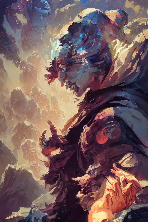 Image similar to portrait showing the contrast between good an evil, tooth wu, dan mumford, beeple, wlop, rossdraws, james jean, marc simonetti, artstation giuseppe dangelico pino and michael garmash and rob rey and greg manchess and huang guangjian and makoto shinkai