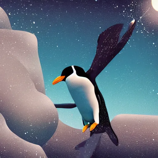 Image similar to “Penguin flying on a rocket, digital art, award winning”