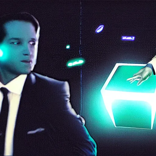 Image similar to ai fighting against men in black suits with black bioluminescent cubes as heads